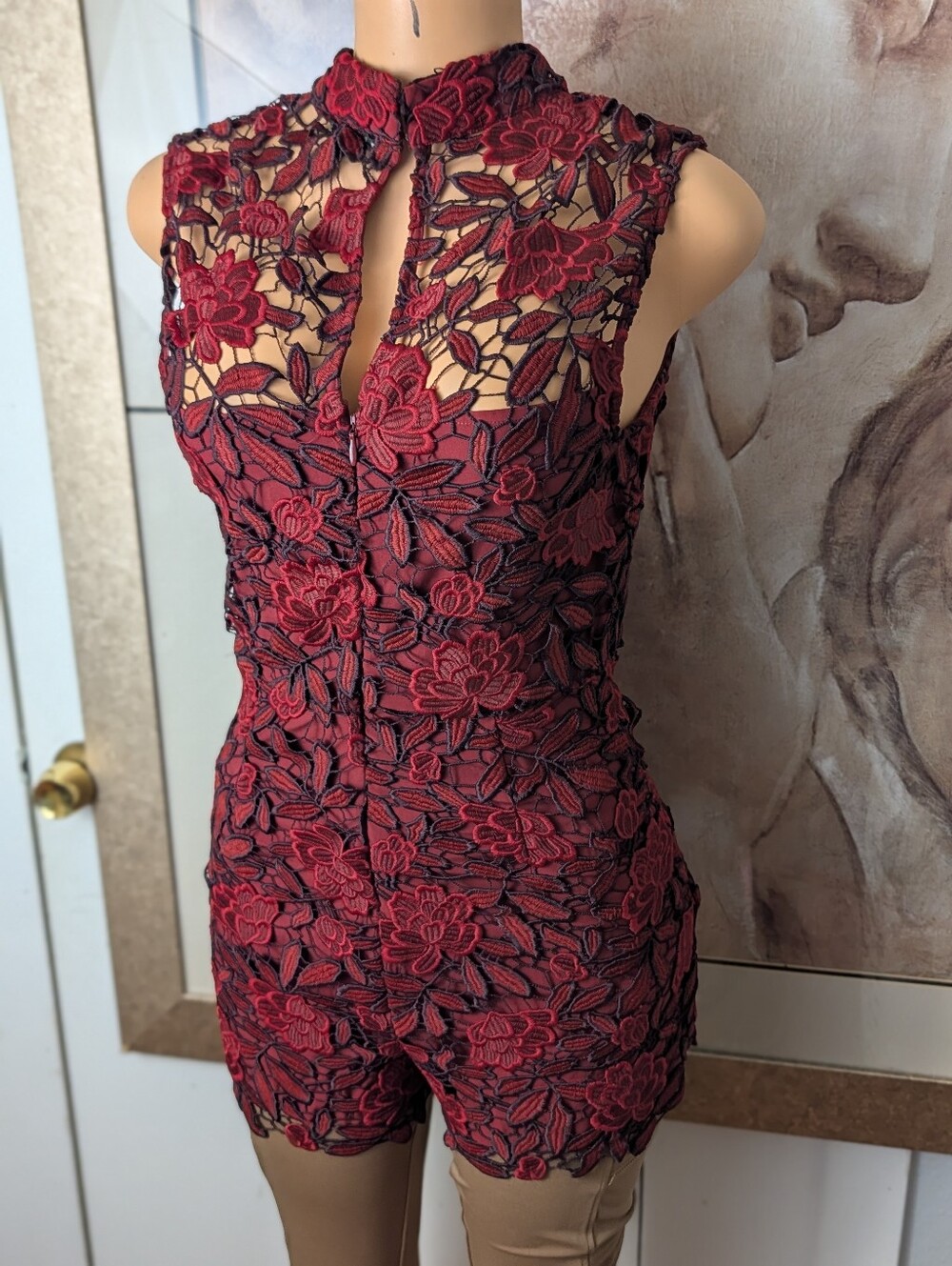 GUESS Teegan Allover Lace Romper Scarlett Red Black Mock Neck High Neck Size 4